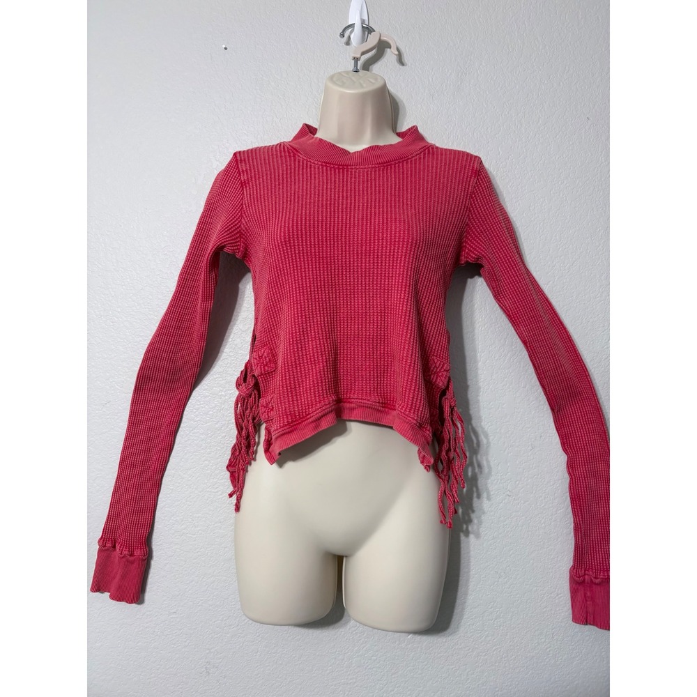 Free People FP One Interlaken Thermal Top Red Waffle Knit Lace Up Side Tassel XS